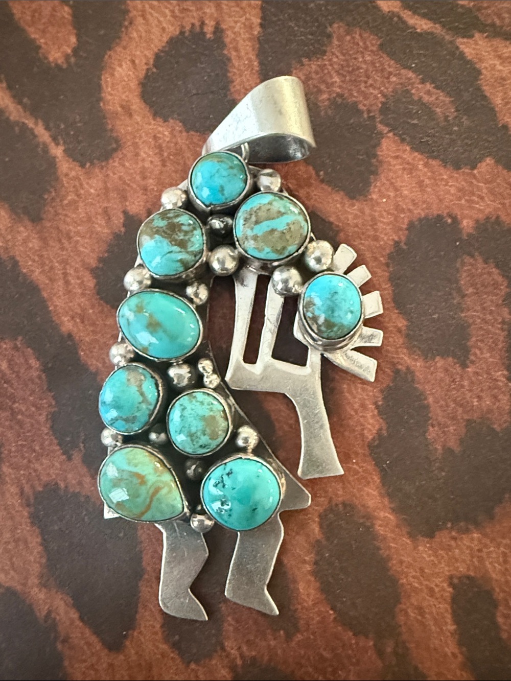 Sterling Silver Turquoise Pendant - Blue Green Turquoise Kokopelli by Bea Tom